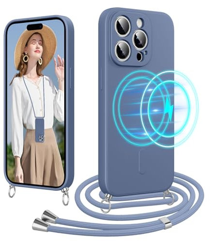 Woijrly Handykette für iPhone 15 Pro Hülle mit Band [Kompatibel mit Magsafe] Silikon Necklace Magnetische Handyhülle zum Umhängen Kordel, Stossfest Schutzhülle mit Einstellbar Kette, Milchasche