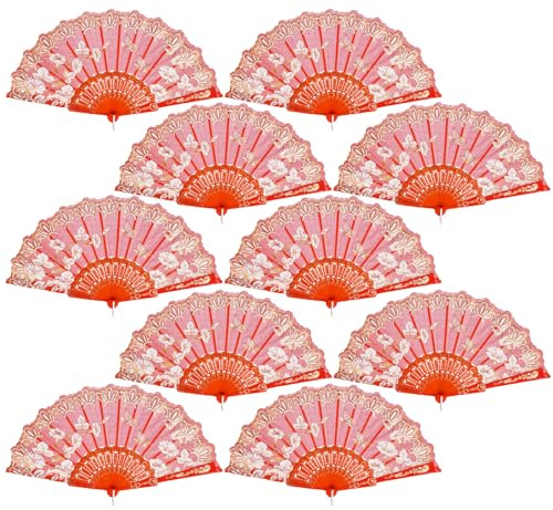QIRMIZI 10 Pack Folding Fans – Handheld Spanish Style Fans,Bulk Hand Fans for Wedding, Tea Party, Dance, Church,Performance, Home Decorations, Festival, Gift,Red