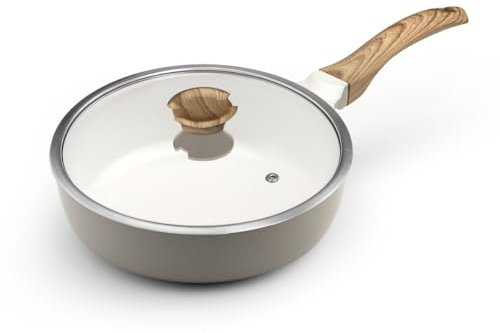 Cuisinox - Mythic - Sauteuse 24 cm avec revêtement en céramique blanche et couvercle assorti - Poignée Fixe Soft Touch effet bois - Sans PFOA et PFAS - Coloris Blanc et Gris