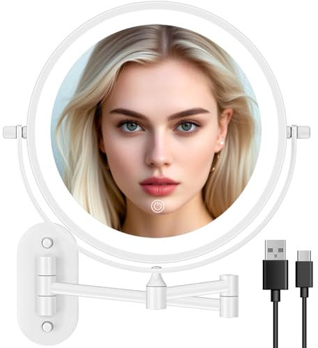 Auxmir Specchio Trucco con Ingrandimento, Specchio da Parete a 54 LED 3 Colori di Luce, Specchio Estensibile, Rotazione a 360°, Alimentato da Batterie Ricaricabile 3200mAh, per Bagno, Bianco 30X-USB