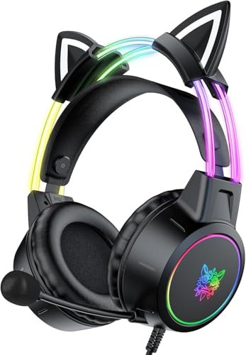 Katzenohr Gaming Kopfhörer mit abnehmbaren Ohren, RGB, 7.1 Surround Sound – Over-Ear-Kopfhörer mit Mikrofon, Leicht & Komfortabel für Kinder/Erwachsene, kompatibel mit PC, PS4/PS5, Xbox One Series