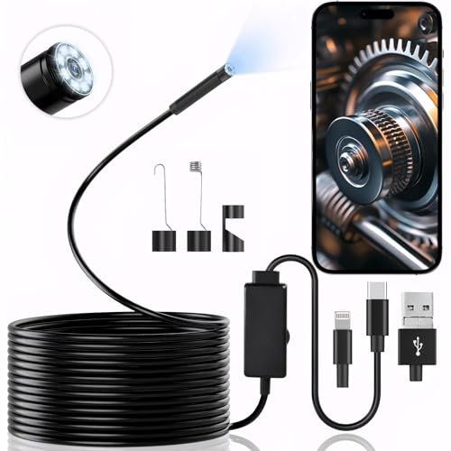 DHFUCNKO Endoscope Inspection Camera, Borescope, 1920 HD 16.4ft Endoscope Camera with Lights, IP67 Waterproof Tube Sink Pipe Drain Borescope for iPhone, iPad, Android, Tablets (16.4 ft/ 5m)