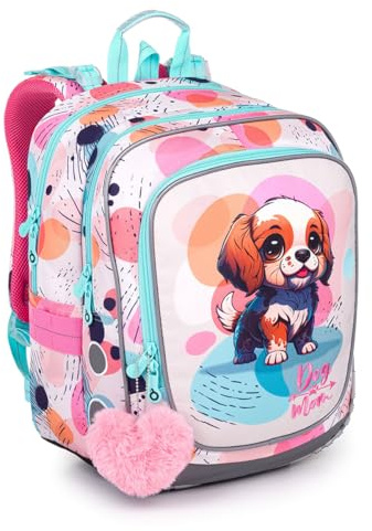 TOPGAL Schulrucksack für Mädchen ab 1. Klasse, ergonomisch & leicht, wasserabweisend, mit reflektierenden Elementen, 21 L Schulranzen mit Brustgurt & Rückenpolsterung (Hund)