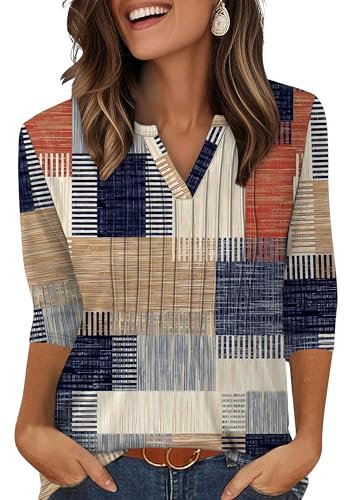 XIEERDUO Womens 3/4 Sleeve Tops Ladies Blouse V Neck Tunic Long Sleeve T Shirts Curved Hem Office Blue Flora Size 26-28 for UK