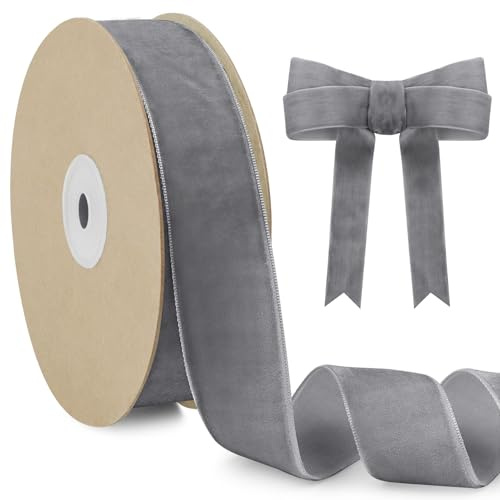 LEREATI Samtband Grau 25mm x 10m Geschenkband Samt Band Dekoband Ribbon Band, Bänder zum Geschenkverpackung Brautstrauß DIY Basteln Geburtstag Hochzeit Dekoration