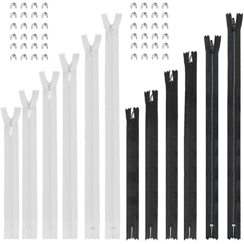24 STK Reißverschluss Zipper,Endlosreißverschluss mit Zipper,weiß & Schwarz | unsichtbare Nylon Reissverschluss für Bettwäsche Kleidung Tasche + 48 Reißverschlussstopper, 20/30/40/60/80/100 cm
