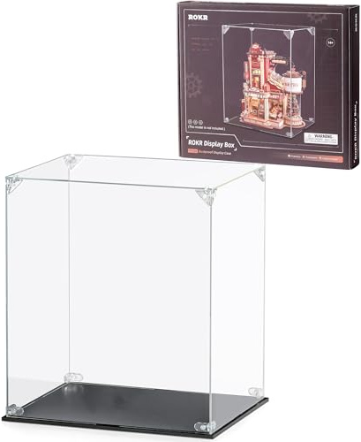 ROKR Clear Acrylic Display Case for Collectibles,Dust-Proof Showcase with Plastic Base, Easy Snap Assemble, Stackable Design for ROKR Wooden Puzzles & Model Kits