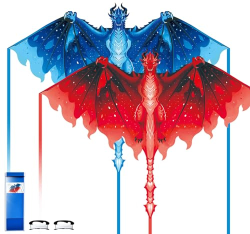 Simxkai Drachen-Set »Feuer & EIS« in Rot & Blau – Zwei große Einsteiger-Drachen, flugfertig