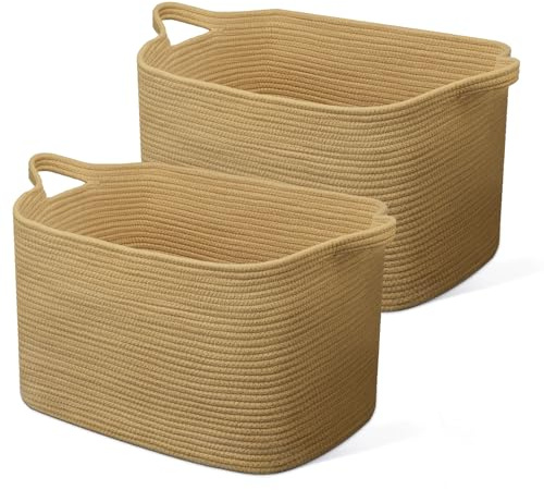 JOJOSEE Faltbarer Wäschekorb, 65L Aufbewahrungskorb Braun 2 Stück | Geflochten Aufbewahrungskorb mit Henkel, Laundry Baskets aus Baumwolle, Ideal für Decken, Kleidung, Kuscheltier, Spielzeug