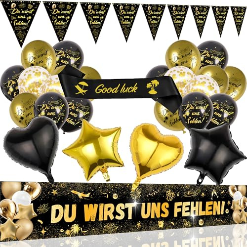 Rente Deko Abschied Kollege Männer - 27 StüCk Schwarz Gold Party Dekoration | Endlich Rentnerin Set Ruhestand Banner Girlande SchäRpe Herz Stern Folienballons für Rentner Party Dekoration Abschiedsfeier