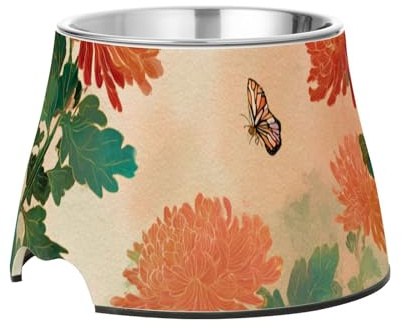 Chinese Style Chrysanthemum Butterflies Orange Feeder Dogs Bowls with Stand Stainless Steel Cats Food Dish for Slow Feed Dogs Slow Down Eating