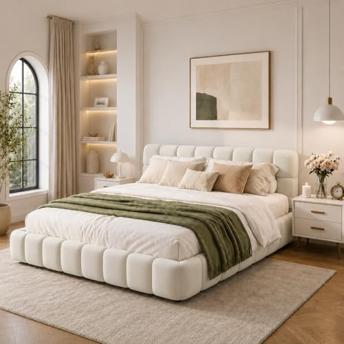 Hoscullo Bubble Bett 140x200cm, Polsterbett Doppelbett mit Lattenrost, Jugendbett, Bettgestell mit Gepolstertes Kopfteil, Leinen, Beige, ohne Matratze, für Schlafzimmer und Gästezimmer