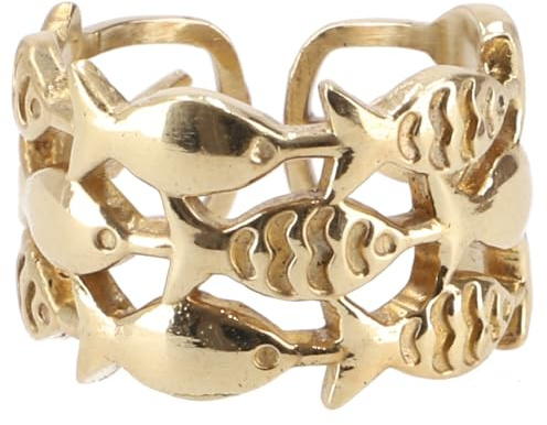 GURU SHOP Breiter Messing Modeschmuck Ring mit Fischen - Goldfarben
