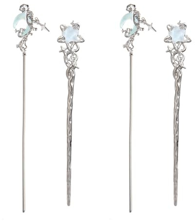 4 Stück silberne Haarknoten Stäbchen für Haarnadeln aus altem Metall mit Mondsteinen Dekoration, chinesisches Kostüm, Haarnadel Frauen Stäbchen für