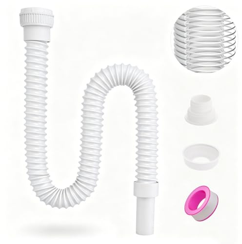 Pronese Flexible Waste Plastic Pipe with Reinforced Steel Wire, White | 40mm Waste Pipe | Flexible Drain Pipe | 29-85cm |G1 1/4 & G1 1/2 （≈40 & 45mm） | Steel Wire | P-Trap | Sink & Basin