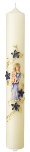 Wiedemann Marienkerze 60 x 8 cm, Maria mit Jesuskind, Handverziert mit Wachsplatten und Wachsborden, Unparfümiert