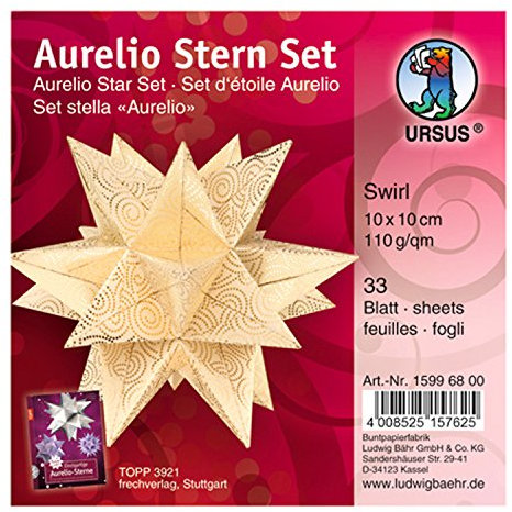 Ursus 15996800 - Faltblätter Aurelio Stern Swirl, creme / gold, 33 Blatt, aus Shimmer Papier 110 g/qm, ca. 10 x 10 cm, durchgefärbt, Vorderseite mit Veredelung, ideal als Weihnachtsdeko