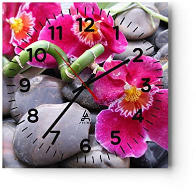 Modern Wanduhr Asiatisch Bambus Orchidee Steine 30x30cm Quadrat Klein Wand Uhr Glas Analog Zimmeruhren Küche Büro Wohnzimmer Glasuhr Wall Clock Dekoration Design Küchenuhr C4AC30x30-0465