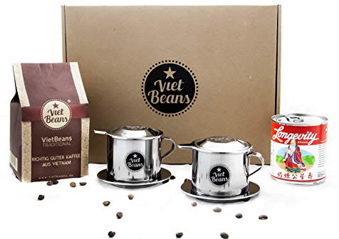 VietBeans Geschenkset Frühstück zu zweit Kaffeegeschenk - 250g gemahlener Traditional + 2 x Edelstahlfilter (Phin) + gez. Kondensmilch - Kaffee Geschenk - Geschenk für Kaffeeliebhaber