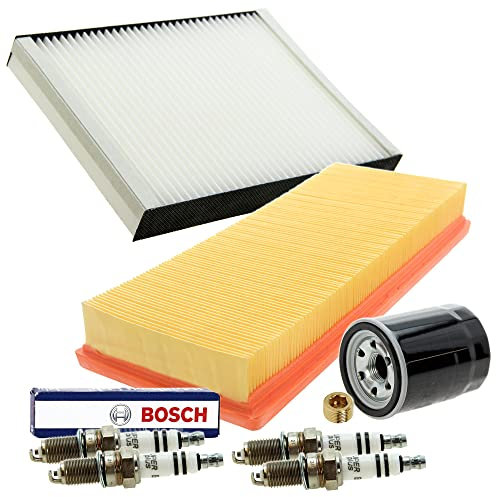 BESTPRICE Inspektionspaket Filterset mit 1x Luftfilter, 1x Innenraumfilter, 4x Zündkerze Super Plus YR7DC+, 1x Ölablassschraube Kompatibel mit FIAT PUNTO (188_)