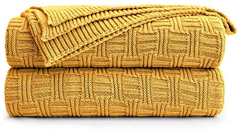 Cotton Mustard Yellow Knit Throw Blanket for Couch Sofa Beach Chair Bed Home Decorative Soft Warm Cozy Cable Lightweight Knitted Blankets,50 x 60 Inch, 2.2 Pounds