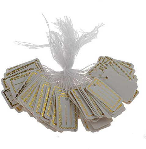 Perlin Etiketten mit Faden Preisetiketten Preisschilder Faden Etiketten Schmucketiketten Fadenetikett Hängeetiketten Kartonetikett Preisauszeichnung (27 x 16 mm Weiss Gold) 300 Stück