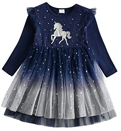 DXTON Vestito da Ragazza Vestito Casual Festa Maniche Lunghe Tulle Principessa Unicorno Ragazze BluLh4995 5T