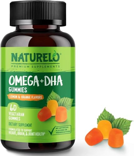 NATURELO Vegan Omega-3 DHA Gummies | 60 Gummies | 1 Month | Algal DHA | Vegan Chewable Gummy | Alternative to Softgels | Two a Day
