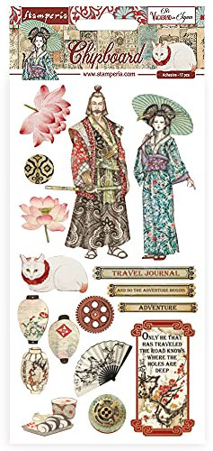 Stamperia International Stamperia Adhésif Sir Vagabond au Japon, papier, rouge, bleu sarcelle, marron, 17 formes