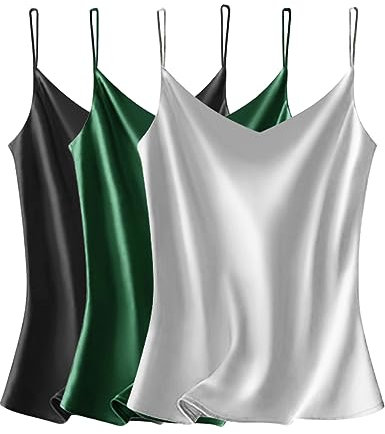 VIDUSSA Débardeurs Femmes Chemise Satin sans Manches Chemisiers Col V Blouse Haut T-Shirt Cami Tops 3 Pack BGRG M