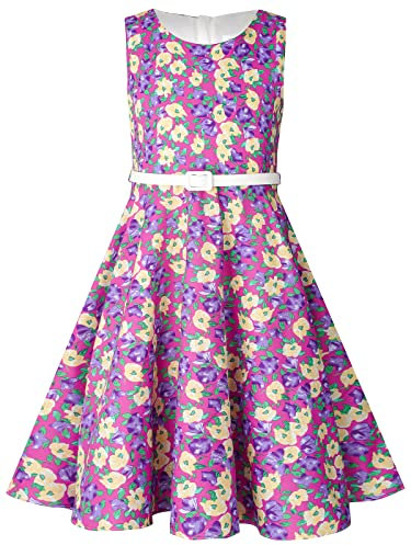 BONNY BILLY Robe Fille Fleurs Rétro Vintage Cérémonie Mariage Princesse Été sans Manches avec Ceinture 11-12 Ans Violet-2