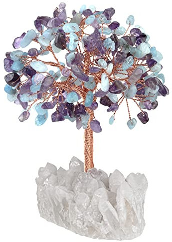 Nupuyai Amethyst&Aquamarin Kristall Baum des Lebens Edelstein Feng Shui Baum mit Bergkristall Druse Rohstein Base Glücksbaum Geldbaum Geschenk, Hochzeit, Feng Shui Deko