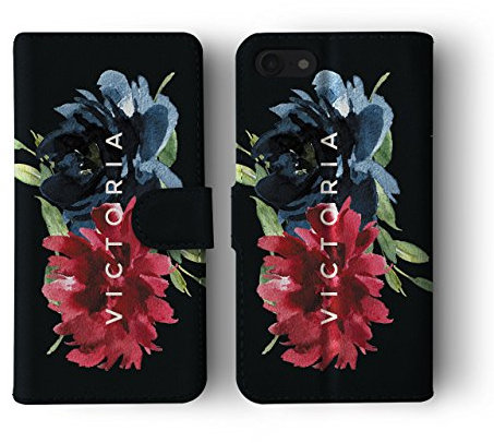 Tirita Personalised Leather Flip Wallet Phone Case with Card Holder Compatible with iPhone 13 - Floral Black Watercolour Roses