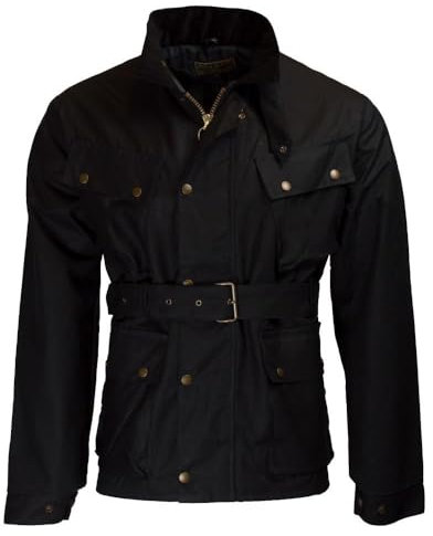 WALKER AND HAWKES Herren Outdoor-Jacke im Motorrad-Stil - gewachst - mit Gürtel & 4 Taschen - Schwarz - L (42-44)