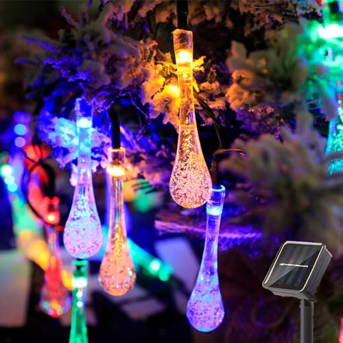 LELYFIT Solar-Lichterkette für Außen, Weihnachtsdeko 5M Länge mit 20 LED, Fensterdeko Weihnachten Wassertropfen, Weihnachten, Party, Hochzeit, Balkon, Lichterketten Innen Außen(5M, Bunt)