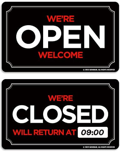 GEEKBEAR Letrero abierto cerrado (09, negro), paquete todo en uno,Will Return or Will Be Right Back,Cartel de entrada abierto o Sorry Were Closed