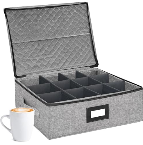VERONLY Mug Storage Box with Dividers, China Storage Containers Hard Shell Coffee Mug Storage Case Chest with Zipper Lid and Handles, Tea Cups, Moving & Packing (DarkGray)