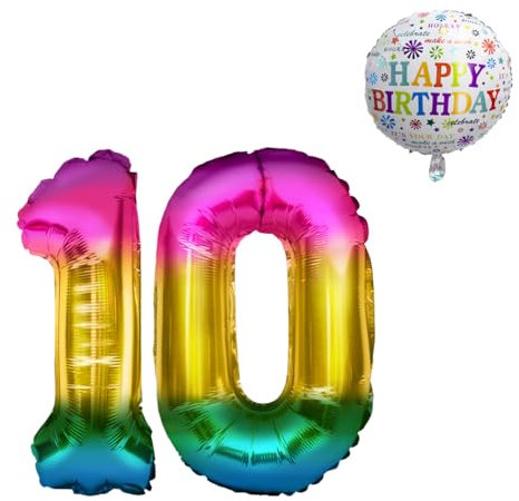 Luftballon 10. Geburtstag • XXL Riesen Folienballon SET • 101CM + 45 CM Ballon + 5M Deko Band • Folienballon 10 • Helium geeignet • Wiederverwendbar • Geburtstagsdeko Jungen Mädchen Zahl Ballon 10