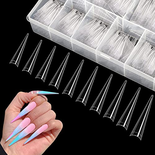 500 Pcs XXL Stiletto Nail Tips, Transparent Half Cover Stiletto Nail Tips for Acrylic Nails, 10 Sizes False Nail Tips for Nail Extension with Box