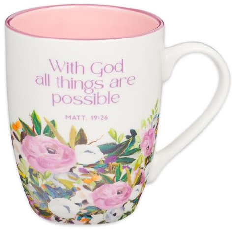 Christian Art Gifts Inspirational Ceramic Coffee & Tea Scripture Mug for Women: All Things are Possible Encouraging Bible Verse, Cute Microwave & Dishwasher Safe Drinkware, White & Pink Floral, 12 oz.