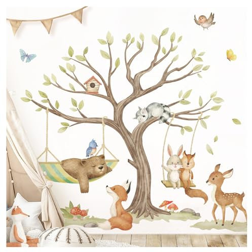 DEKO KINDERZIMMER Wandtattoo Waldtiere Baum Wandsticker für Babyzimmer Bär Fuchs REH Wandaufkleber Kinderzimmer Schlafzimmer Wanddeko DK1134-04