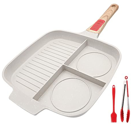 Bobikuke Multi Grillpfanne Induktion mit Abnehmbarer Griff, Steakpfanne 3 in 1 Antihaft Beschichtung Geteilte Bratpfanne, Kompatibel Für Alle Herdarten, 28 x 24 cm (Weiß)