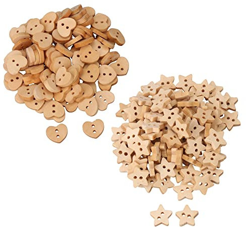 RDEXP Holzknöpfe in Form eines fünfzackigen Sterns und eines kleinen Herzens, 200 Stück