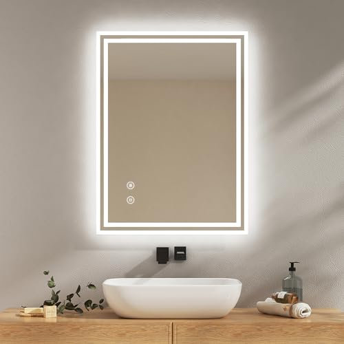 EMKE Badspiegel mit Beleuchtung 80x60cm Badezimmerspiegel mit antibeschlag, kaltweiß dimmbar, Touch, Speicherfunktion, 3 Stunde automatische Abschaltung IP44 energiesparend