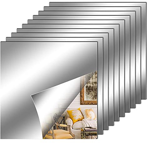 Leikedun 10 Pezzi Adesivo Specchio da Parete Moderno 25X25cm, 0.2mm Acrilico Specchio Flessibile Adesivo, Non Vetro, Specchi Decorativi da Parete per Armadio, Muro, Bagno (25X25cm)