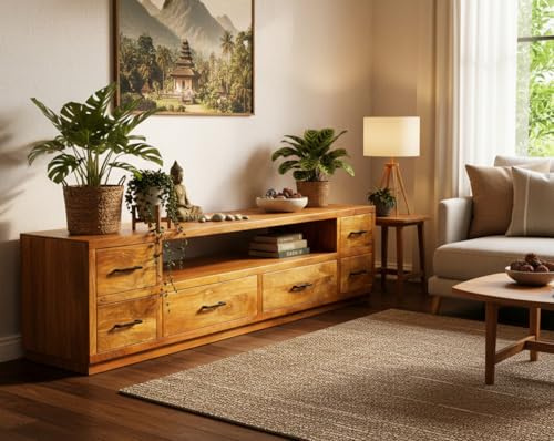 OPIUM OUTLET Lowboard Sideboard Schrank TV Kommode Regal offen Raumteiler Wohnzimmer Möbel Holz massiv B x T x H 200 x 45 x 50 cm