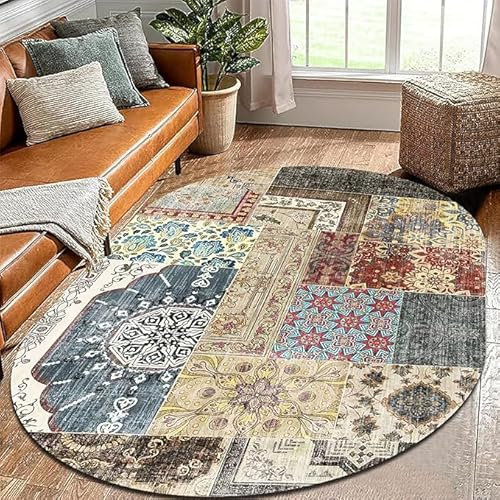 Teppich Oval Kurzflor Modern Design rutschfest Waschbar Teppiche Geometrisches Blumen-Patchwork Flur Schlafzimmer Küche Wohnzimmer kinderzimmer Oval 120X170CM