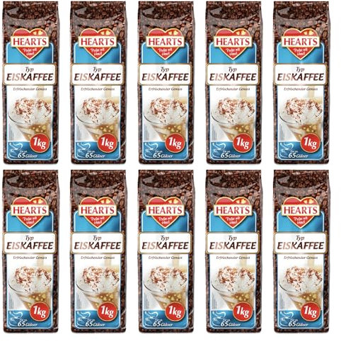 HEARTS Eiskaffee Pulver 10 x 1kg - Vorteilspack, ca. 65 Gläser/Beutel - Löslicher Bohnenkaffee, Ice Coffee als Sommergetränk, Koffeinhaltig & Löslich