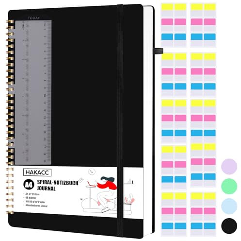 HAKACC A4 Spirale Notizblock, Hardcover Spiral Notizbuch 60 Blatt Notizbücher für Damen und Herren Tagebuch für Arbeit Schule Schreiben Schwarzes