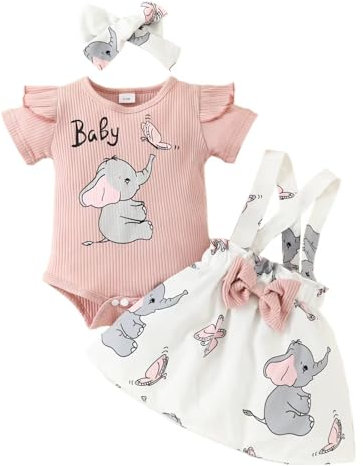 Loalirando Infant Newborn Girl Elephant Outfits 3Pc Romper Bunny Crab Suspender Skirt Set Headband Summer Fall Cute Clothes (Pink, 3-6 Months)